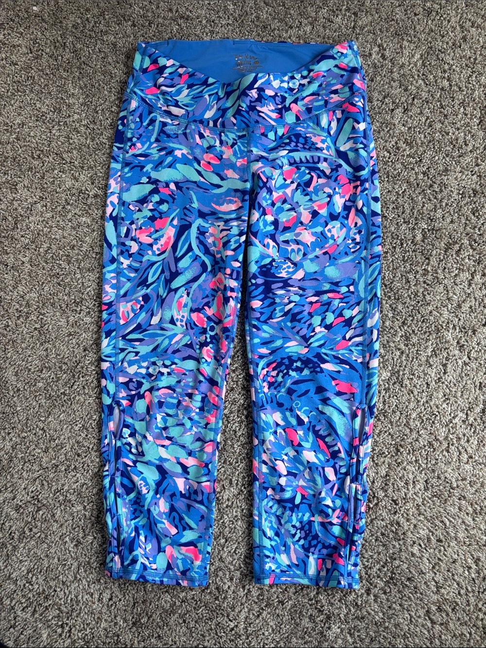Lilly Pulitzer Blue Multi-Print Capri Leggings with Pink & Aqua Accents